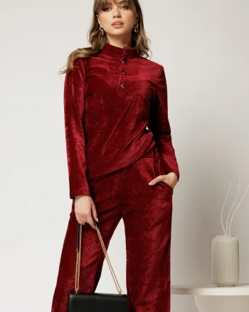 Bluza DY Fashion bordo din catifea velurata cu nasturi la bust