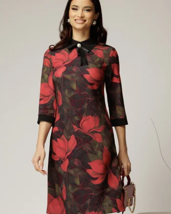 Rochie DY Fashion midi cu imprimeu negru si rosu cu guler tip camasa
