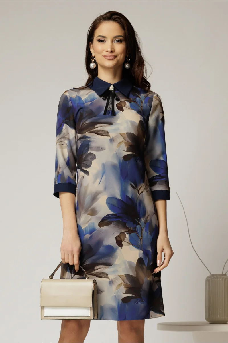 Rochie DY Fashion midi cu imprimeu albastru cu guler tip camasa