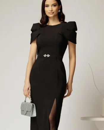 Rochie DY Fashion midi neagra de ocazie cu umeri bufanti si cordon detasabil