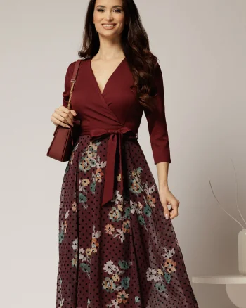 Rochie DY Fashion midi bordo cu decolteu petrecut si fusta din voal imprimat