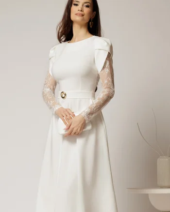 Rochie midi alba cu maneci din dantela si cordon detasabil