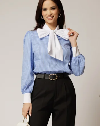 Bluza albastra cu dungi albe din poplin cu esarfa tip funda la gat
