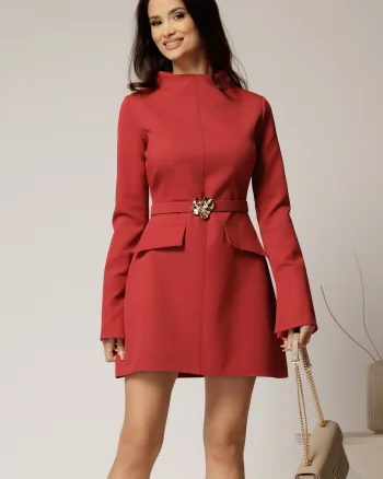 Rochie DY Fashion scurta caramizie din stofa cu clapete tip buzunare si curea in talie