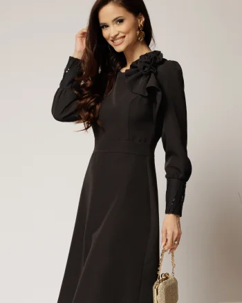 Rochia DY Fashion neagra cu mansete din paiete si funda ampla pe umar