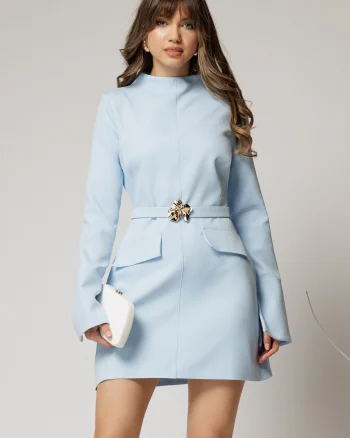 Rochie DY Fashion scurta bleu din stofa cu clapete tip buzunare si curea in talie