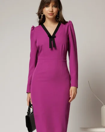 Rochie DY Fashion scurta magenta office conica cu decolteu in V si funda