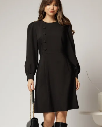 Rochie DY Fashion scurta neagra cu nasturi pe bust si fusta tip A