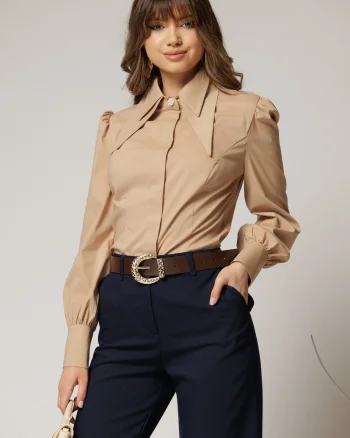 Camasa DY Fashion bej din poplin cu guler dublu si croi cambrat