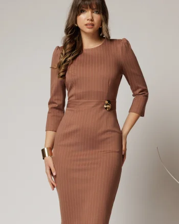 Rochie DY Fashion conica bej cu dungi si detaliu pe talie