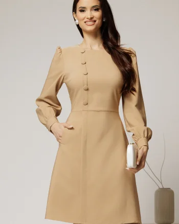 Rochie DY Fashion scurta bej cu nasturi pe bust si fusta tip A