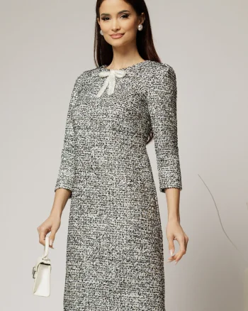 Rochie DY Fashion din tweed alb negru si croiul drept cambrat