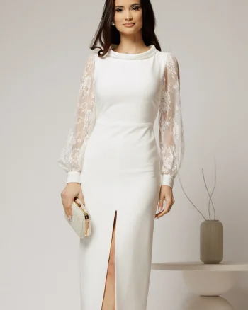Rochie midi alba conica cu maneci din dantela si guler barcuta