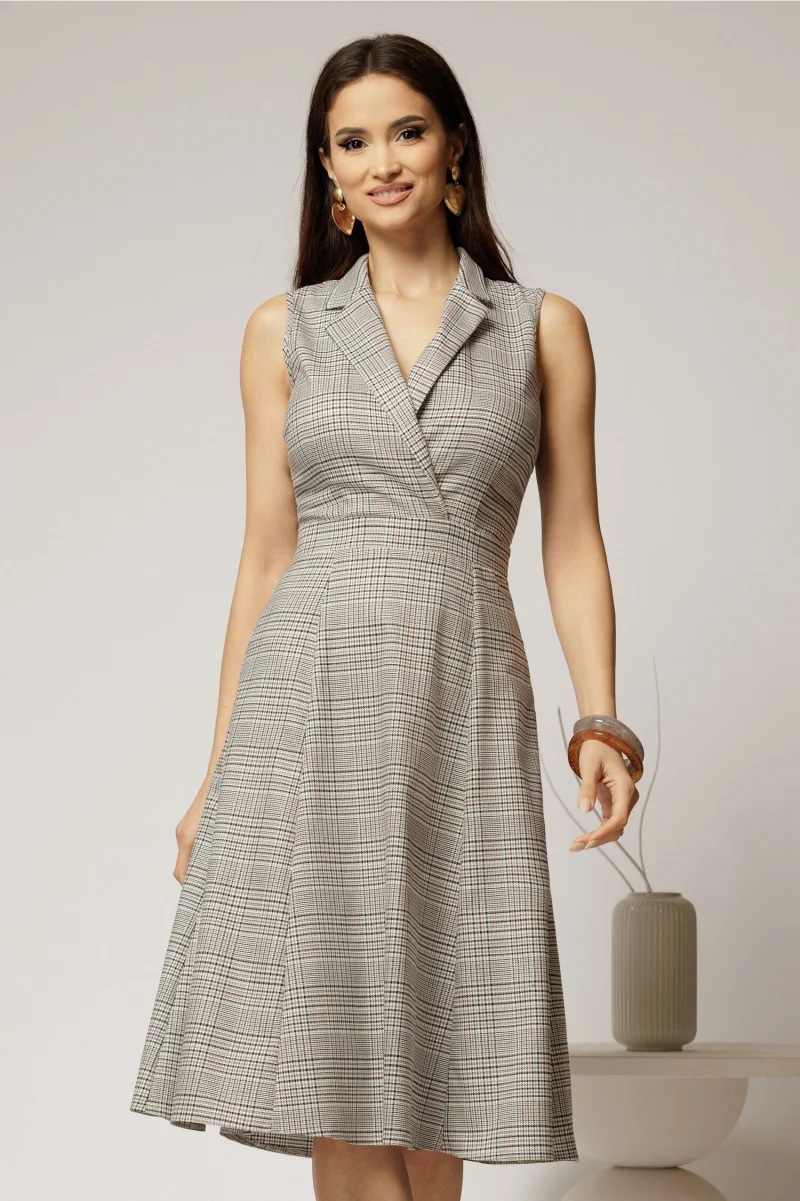 Sarafan DY Fashion din carou bej cu decolteu petrecut