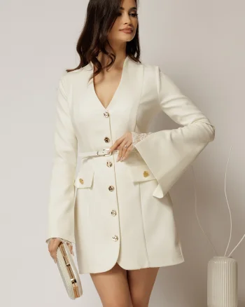 Rochie DY Fashion scurta ivoar cu maneci crapate cu dantela