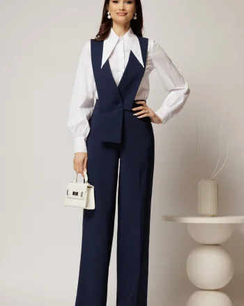 Pantaloni bleumarin evazati cu bretele detasabile