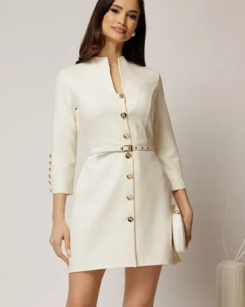 Rochie DY Fashion scurta ivoar cu inchidere cu nasturi si curea in talie