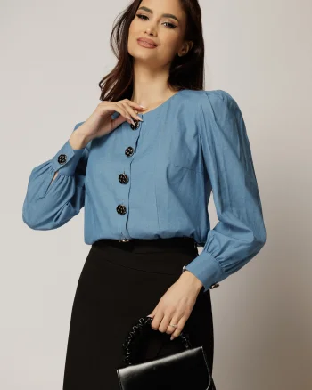 Bluza DY Fashion albastra din bumbac cu maneci lungi si nasturi eleganti