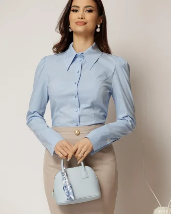 Camasa DY Fashion bleu din poplin cu manseta cu butoniera