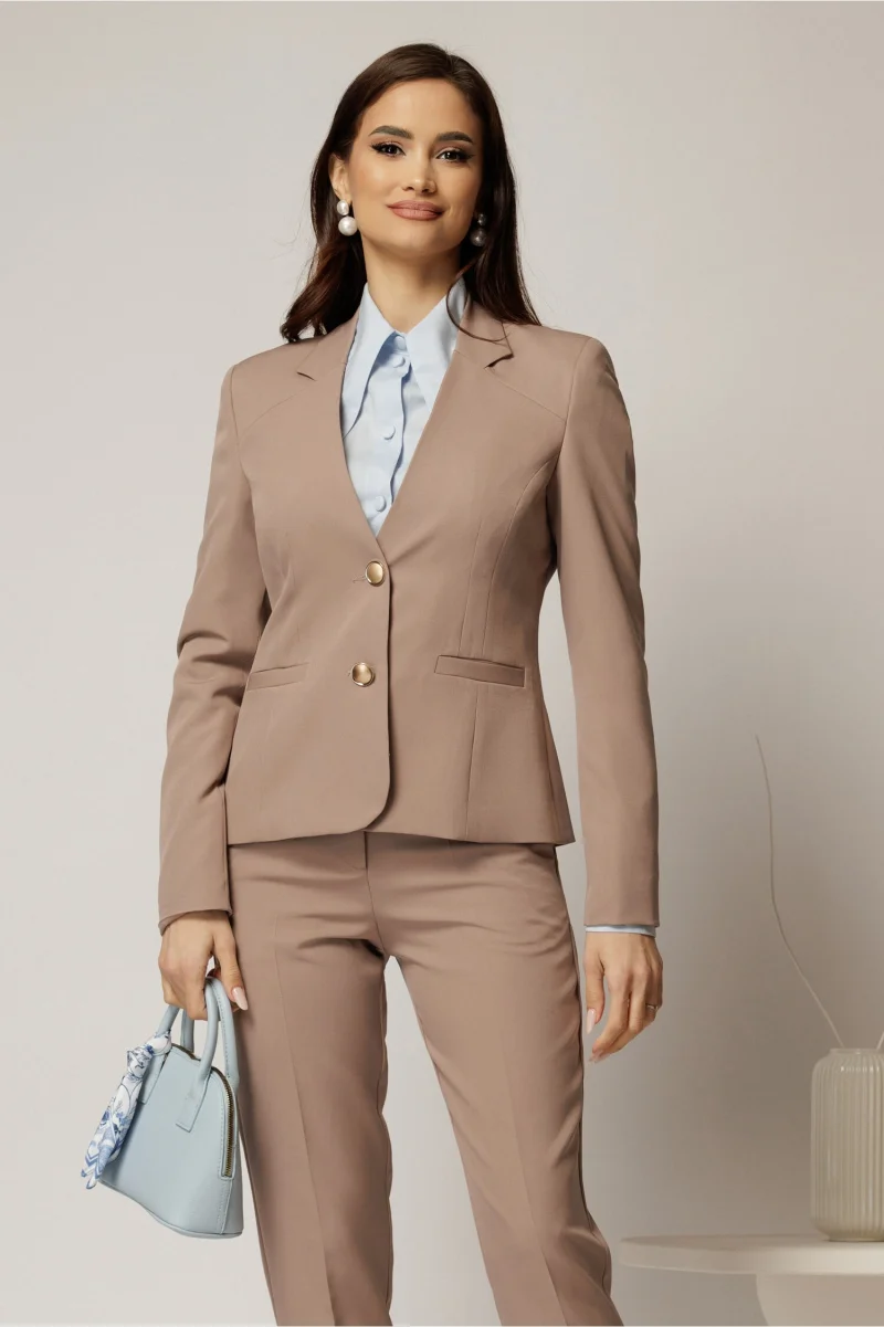 Sacou taupe cu nasturi perlati si buzunare decorative