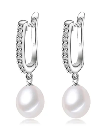 Cercei argint 925, JW1110, model elegant cu perla alba, placati cu rodiu