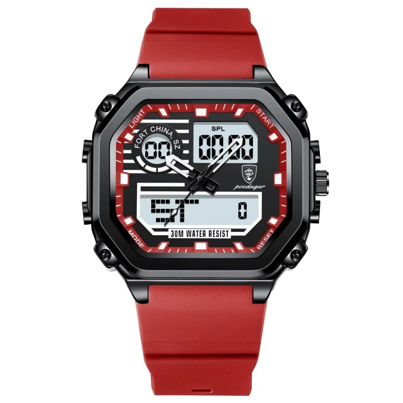 Ceas barbatesc digital Poedagar CS1763, silicon, rosu, cadran negru