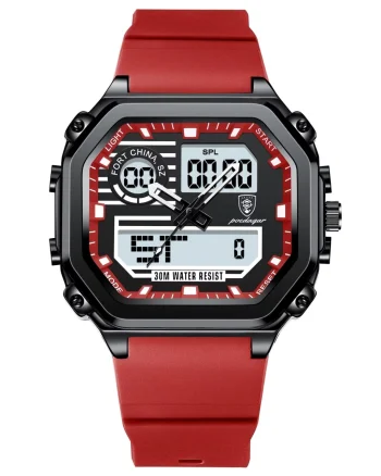 Ceas barbatesc digital Poedagar CS1763, silicon, rosu, cadran negru