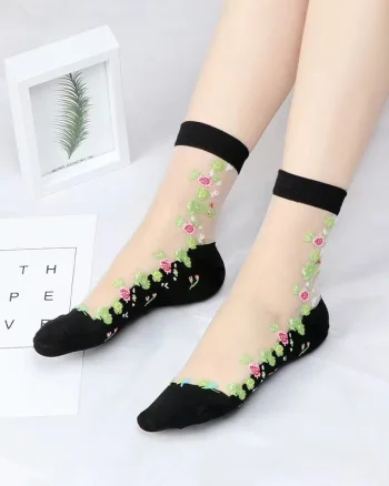 Sosete pentru dama, SS152, model flori, Alb/Negru, marime universala (35-39)