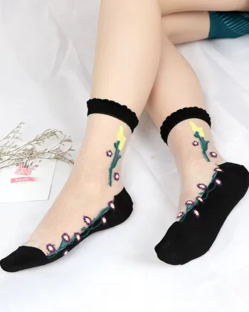 Sosete pentru dama, SS176, model flori, Alb/Negru, marime universala (35-39)