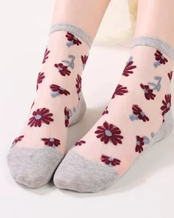 Sosete de dama, SS202, model flori, Gri, marime universala (35-39)