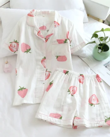 Pijama dama "Strawberry" din doua piese, PJ016, Alb