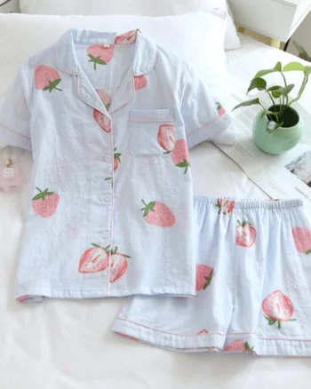 Pijama dama "Strawberry" din doua piese, PJ017, Albastru