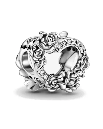 Charm/talisman argint 925, JW1147, model inima cu trandafiri, placat cu rodiu