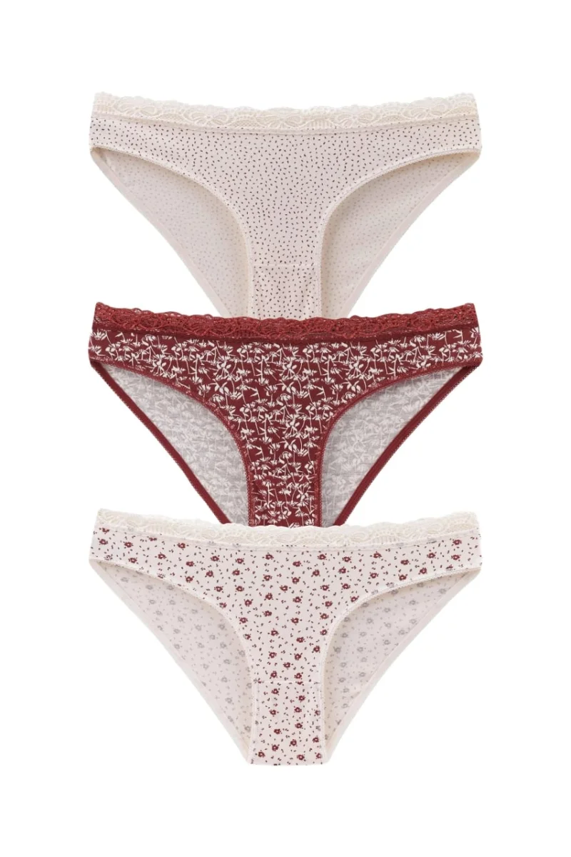 Set 3 perechi de chiloti din bumbac, cu dantela, pentru dama, 39750, Rosu/Crem