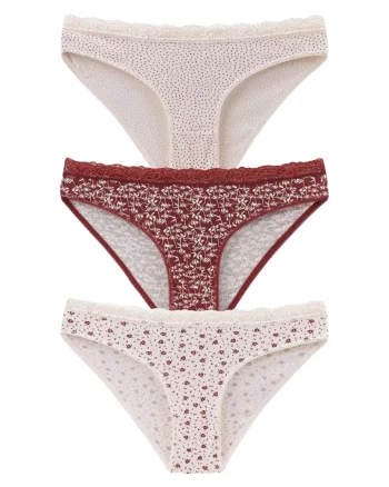 Set 3 perechi de chiloti din bumbac, cu dantela, pentru dama, 39750, Rosu/Crem