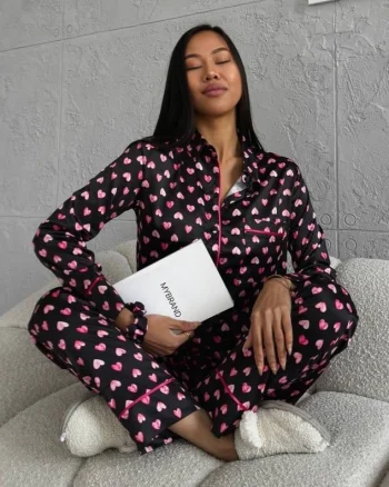Set pijama dama din doua piese, cu nasturi – 2301408, Negru/ Roz