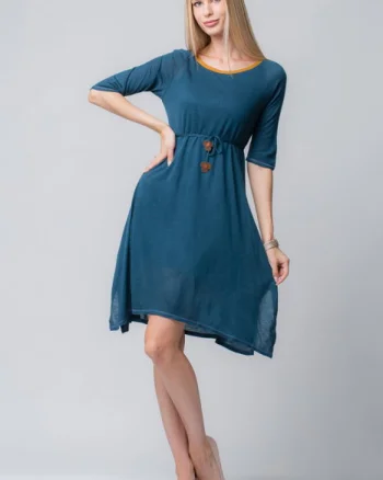 Rochie albastra din jerse cu floricele din piele pe cordon