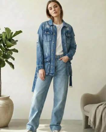 Geaca dreapta de blugi, denim, cu cordon in talie