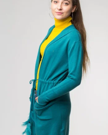 Cardigan turcoaz midi tricotat, cu gluga si buzunare - CD55VERDE