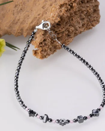 Bratara argint subtire din hematit argintiu inchis si cubic zirconia roz deschis 1.5 mm