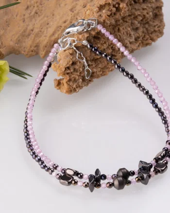 Bratari argint 2 in set din hematit cu tenta de maroniu si cubic zirconia roz deschis 1.5 mm