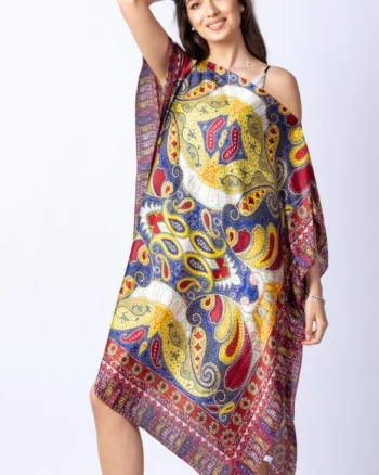 Rochie de plaja tip poncho din matase cu imprimeu arabesque pe fond bordo - albastru