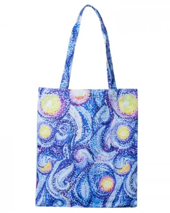 Geanta shopper din material textil, imprimeu abstract mov si galben