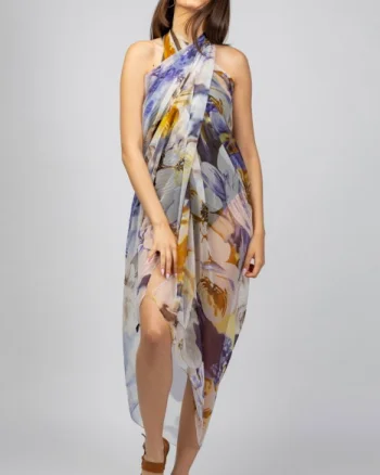 Esarfa dreptunghiulara tip pareo, Silk Feeling, cu nuante de galben si violet