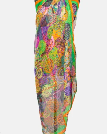 Esarfa dreptunghiulara tip pareo, cu imprimeu mandale multicolore margine portocalie si verde, din matase si vascoza