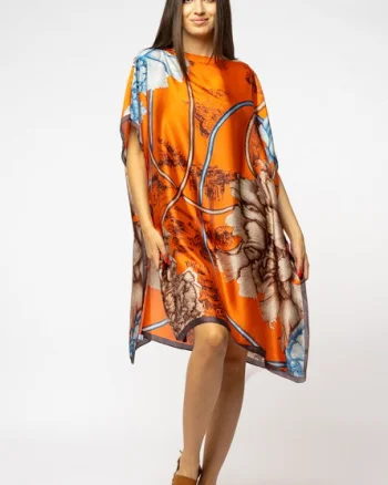 Rochie de plaja tip poncho din matase cu imprimeu abstract pe fond portocaliu