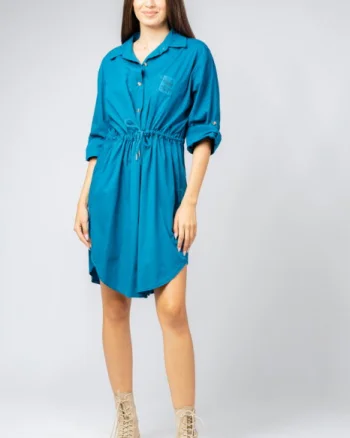 Rochie midi tip camasa, din polin de bumbac, cu siret in talie, turcoaz
