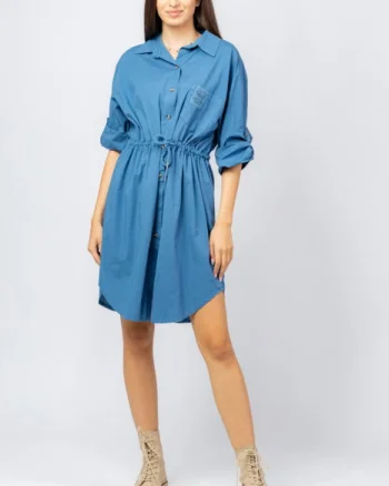Rochie midi tip camasa, din poplin de bumbac, cu siret in talie, albastra
