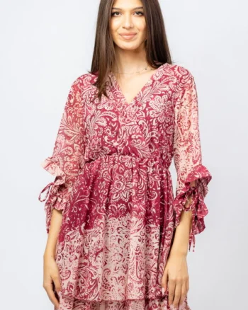 Rochie scurta din voal cu imprimeu floral pe fond bordo