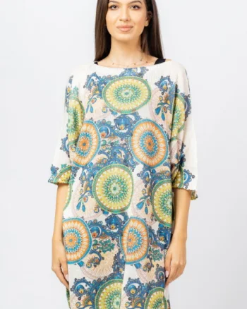 Rochie scurta tricotata cu maneca fluture si imprimeu mandale